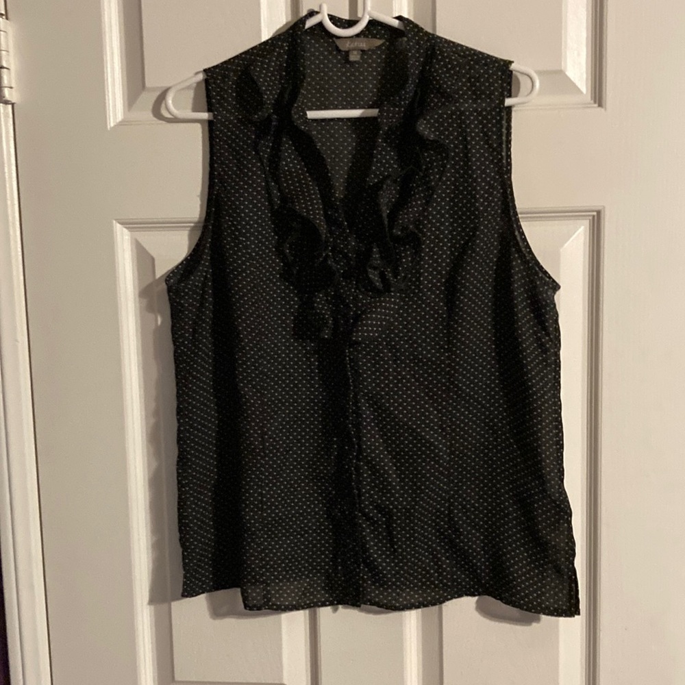 Cute Black with White Polka Dots Sleeveless Sheer Ruffled Top. Size 14